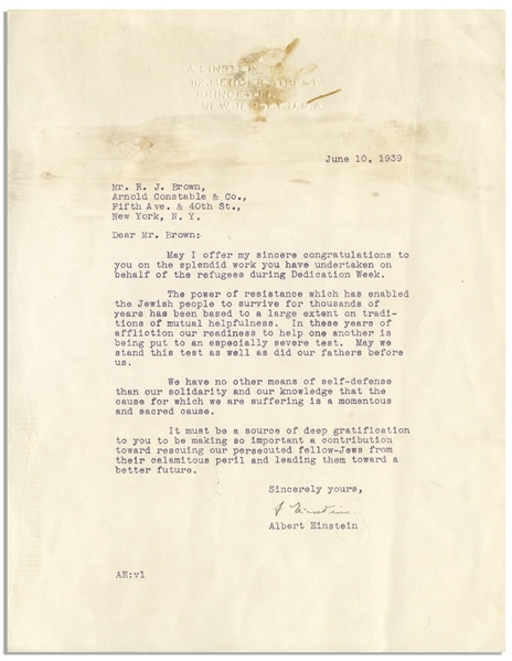 Albert Einstein Letter Signed During WWII -- ''The power of resistance which has enabled the Jewish people to survive...our readiness to help one another is being put to an especially severe test''